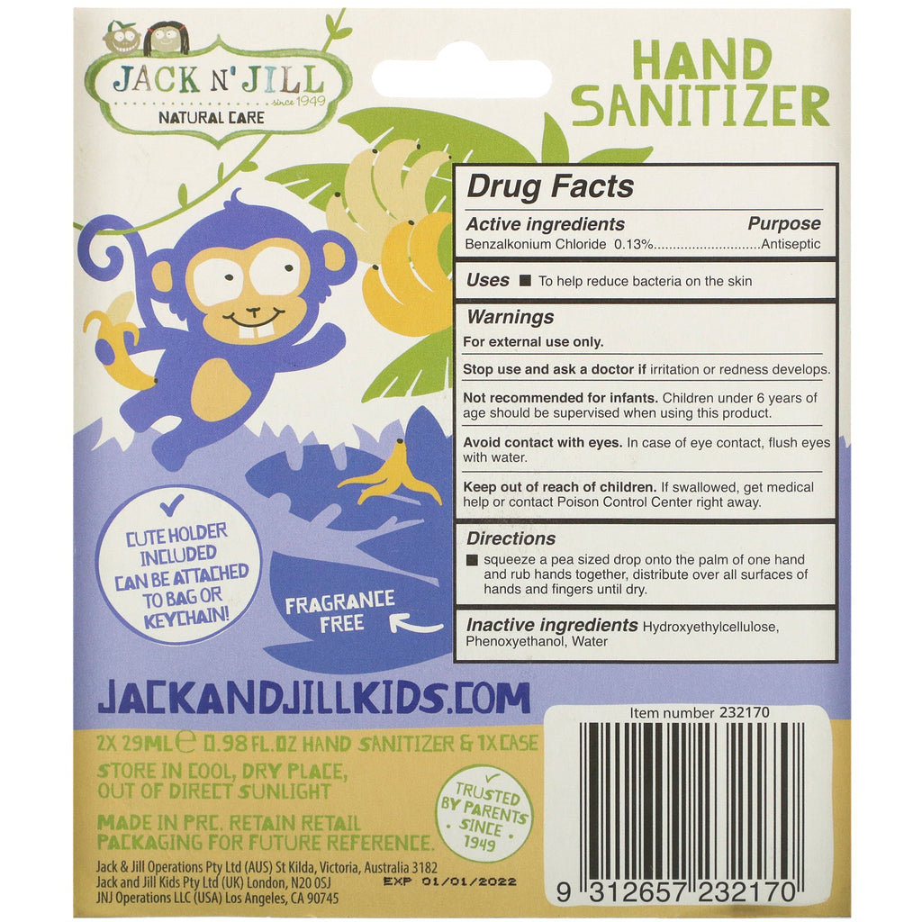 Jack n' Jill, håndsprit, abe, 2 stk., 0,98 fl oz (29 ml) hver og 1 etui