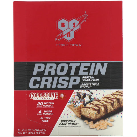 BSN, Protein Crisp, Fødselsdagskage Remix, 12 barer, 2,01 oz (57 g) hver