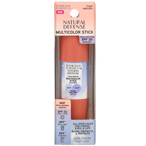 Physicians Formula, Natural Defense Multicolor Stick, SPF 20, Warm Coral, 0.26 oz (7.4 g)