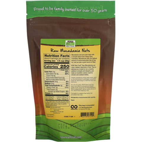 Now Foods, Real Food, nueces de macadamia crudas, sin sal, 8 oz (227 g)