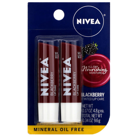 Nivea, Cuidado de labios con color, mora, paquete de 2, 4,8 g (0,17 oz) cada uno