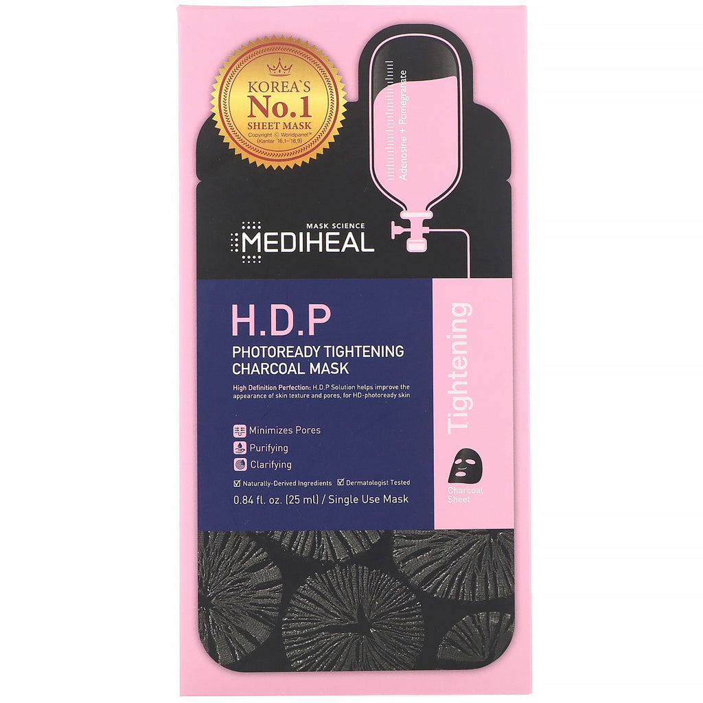 Mediheal, HDP, mascarilla reafirmante de carbón Photoready, 5 hojas, 0,84 fl oz (25 ml) cada una