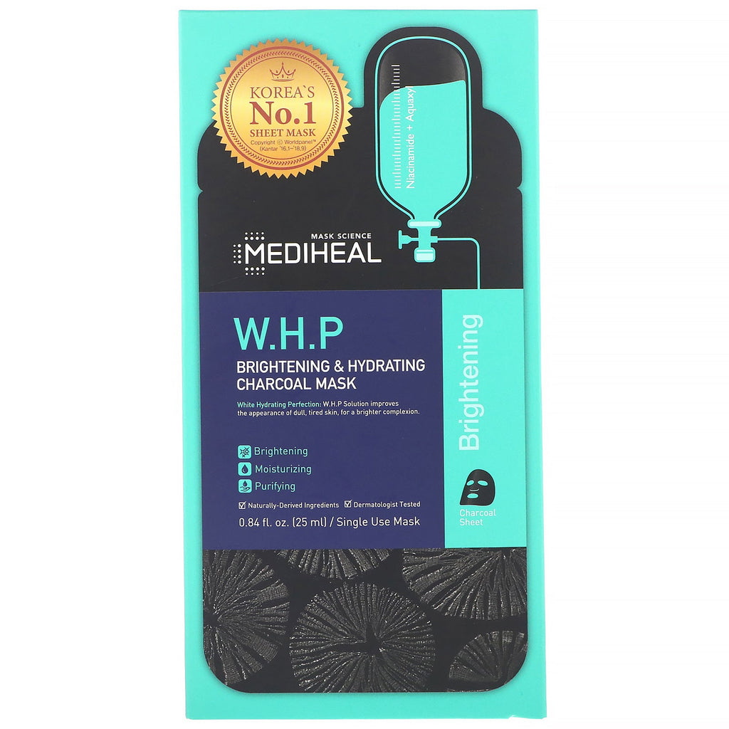 Mediheal, WHP, Brightening &amp; Hydrating Charcoal Mask, 5 ark, 0,84 fl oz (25 ml) hver