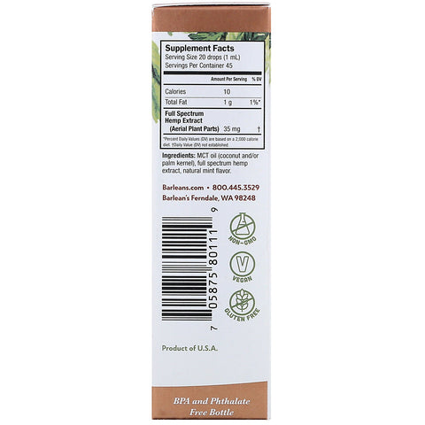 Barlean's, Extracto de cáñamo de espectro completo, menta natural, 35 mg, 45 ml (1,5 oz. líq.)