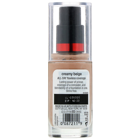 Covergirl, Outlast All-Day Stay Fabulous, 3-in-1 Foundation, 850 Creamy Beige, 1 fl oz (30 ml)