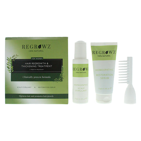 Regrowz Hair Growth & Thickening Treatment Three Month Program For Women - Scalp Stimulant 75ml - Restoration Serum 75ml - Comb