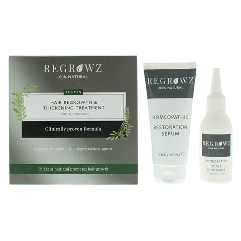 Regrowz Hair Regrowth & Thickening Treatment Three Month Program For Men - Scalp Stimulant 75ml - Restoration Serum 75ml - Comb