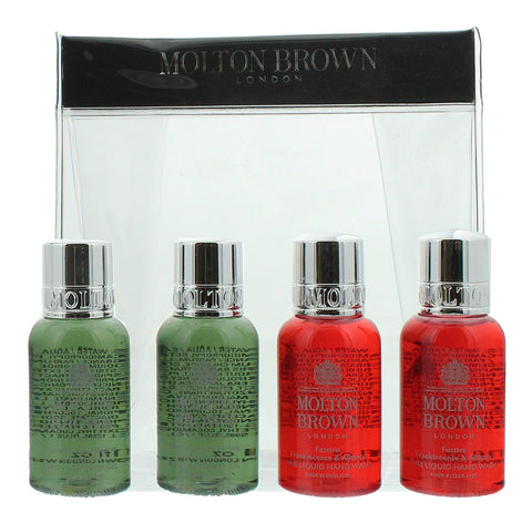 Molton Brown 4 Piece Gift Set: 2 x Festive Frankincense & Allspice Hand Wash 30ml - 2 x Fabled Juniper Berries & Lapp Pine Body Wash 30ml