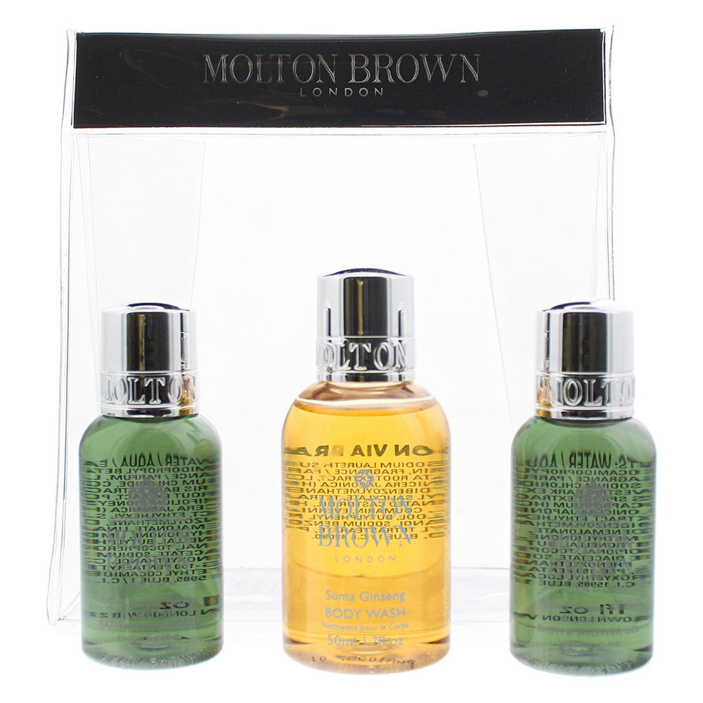 Molton Brown 3 Piece Gift Set: Suma Ginseng Body Wash 50ml - 2 x Fabled Juniper & Lapp Pine Body Wash 30ml