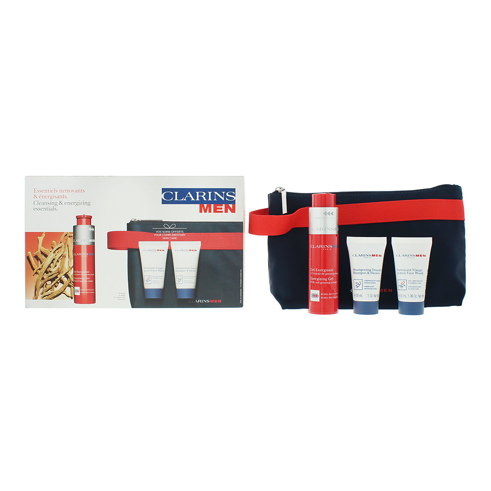 Clarins Men 4 Piece Gift Set: Energisant Gel 50ml - Foaming Cleanser 30ml - Shampoo 30ml - Pouch