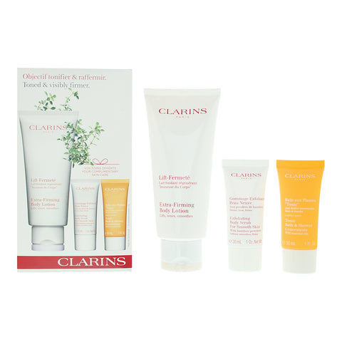 Clarins Toned & Visibly Firmer 3 Piece Gift Set: Body Lotion 200ml - Body Scrub 30ml - Tonic Bath & Shower 30ml