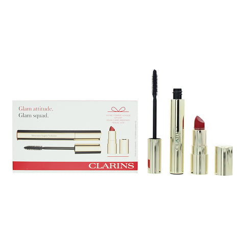 Clarins Glam Attitude 2 Piece Gift Set: Mascara Super Volume 01 Intense Black 8ml - Mini Joli Rouge Velvet 742 Lipstick 1.5g