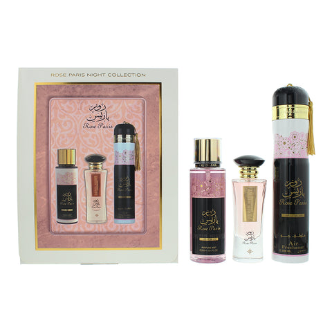 Ard Al Zaafaran Rose Paris Night 3 Piece Gift Set: Eau De Parfum 100ml - Perfume Mist 250ml - Air Freshener 300ml