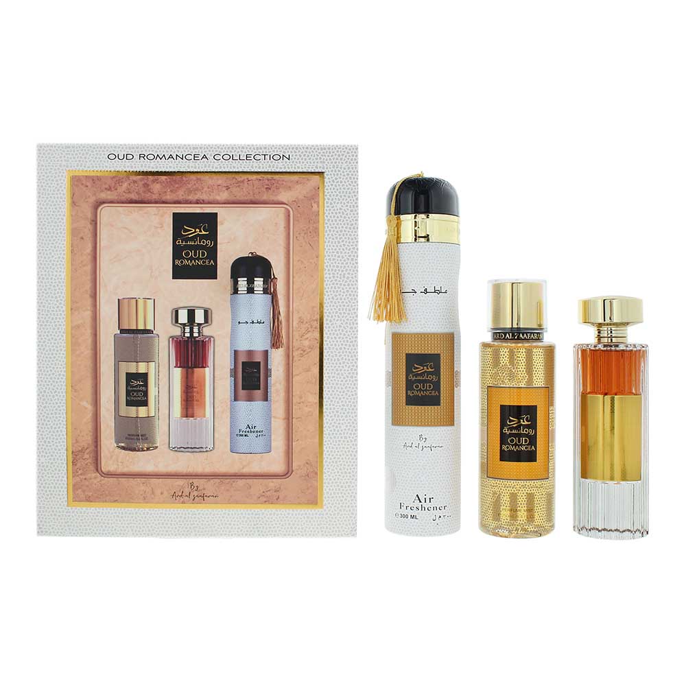Ard Al Zaafaran Oud Romancea 3 Piece Gift Set: Eau De Parfum 100ml - Perfume Mist 250ml - Air Freshener 300ml