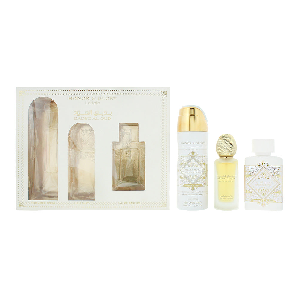 Lattafa Bade'e Al Oud Honor & Glory 3 Piece Gift Set: Eau de Parfum 100ml - Body