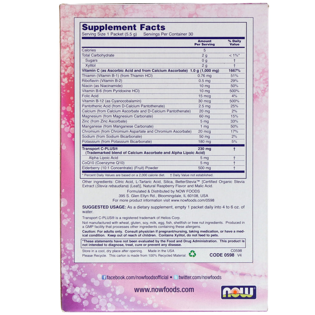 Now Foods, Effer-C, mezcla de bebida efervescente, saúco, 30 paquetes, 5,82 oz (165 g)