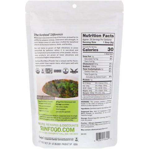 Sunfood, maca roja cruda en polvo, 8 oz (227 g)