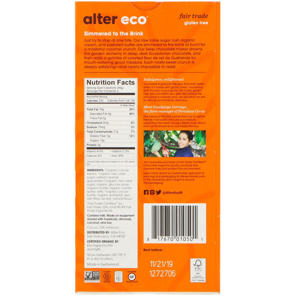 Alter Eco,  Chocolate Bar, Deep Dark Salted Burnt Caramel, 70% Cocoa, 2.82 oz (80 g)