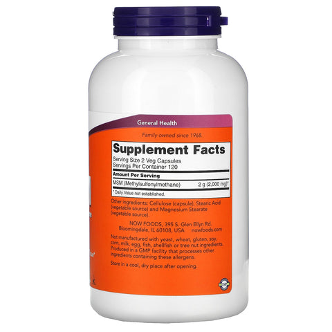 Now Foods, MSM, metilsulfonilmetano, 1000 mg, 240 cápsulas vegetales