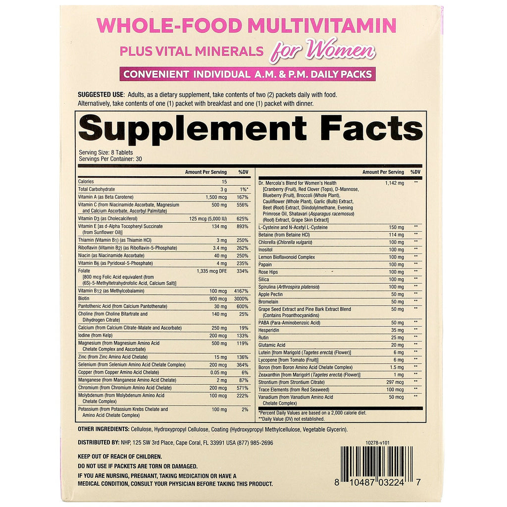 Dr. Mercola, Multivitaminas integrales más minerales vitales para mujeres, paquetes diarios por la mañana y por la tarde, 30 paquetes dobles