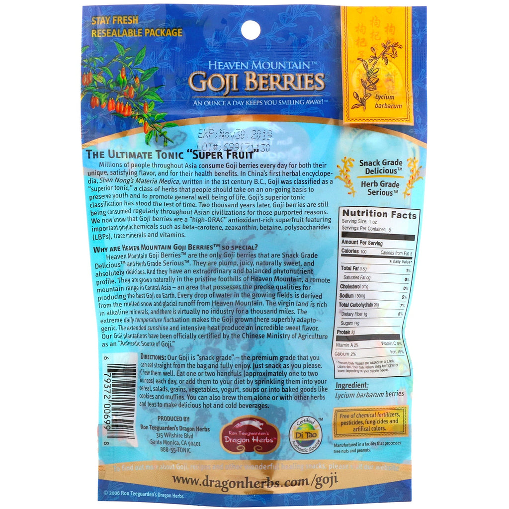 Dragon Herbs, Heaven Mountain Goji Berries, 8 oz (227 g)