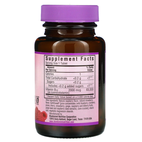 Bluebonnet Nutrition, EarthSweet tyggetabletter, vitamin B12, hindbær, 2.000 mcg, 90 tyggetabletter