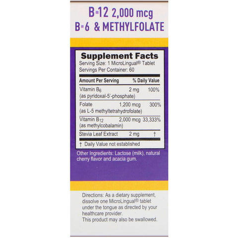 Superior Source, Metilcobalamina B-12 activada, B-6 (P-5-P) y metilfolato, 2000 mcg/1200 mcg, 60 tabletas