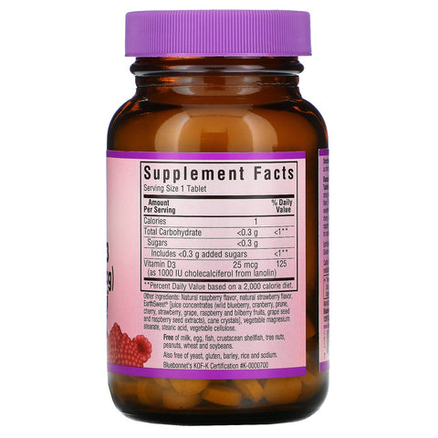 Bluebonnet Nutrition, Earth Sweet Chewables, Vitamin D3, Raspberry, 1.000 IE (25 mcg), 90 tyggetabletter