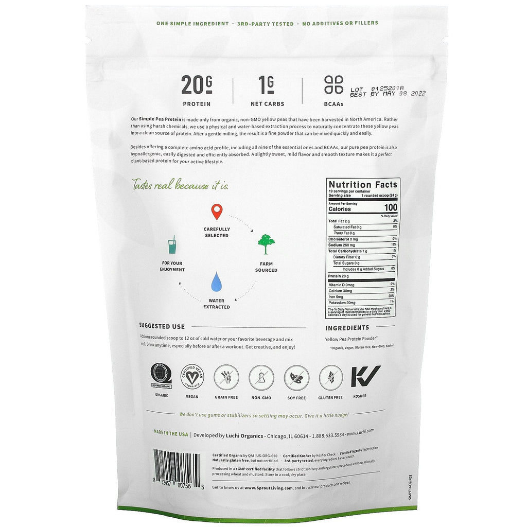 Sprout Living, Simple, Ærteprotein, Utilsat, 1 lb (454 g)