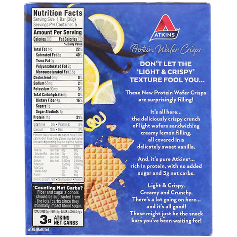 Atkins, proteinwafer chips, citronvanilje, 5 barer, 1,27 oz (36 g) hver