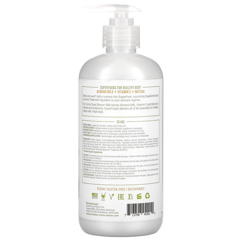 Petal Fresh, Pure, SuperFoods for Bath, Come Clean Detoxifying Shower Milk, Almond Milk, Vitamin D & Matcha, 16 fl oz (475 ml)