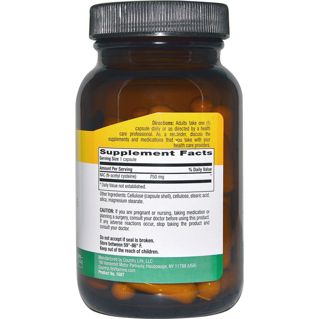 Country Life, NAC, N-acetylcystein, 750 mg, 60 vegetariske kapsler