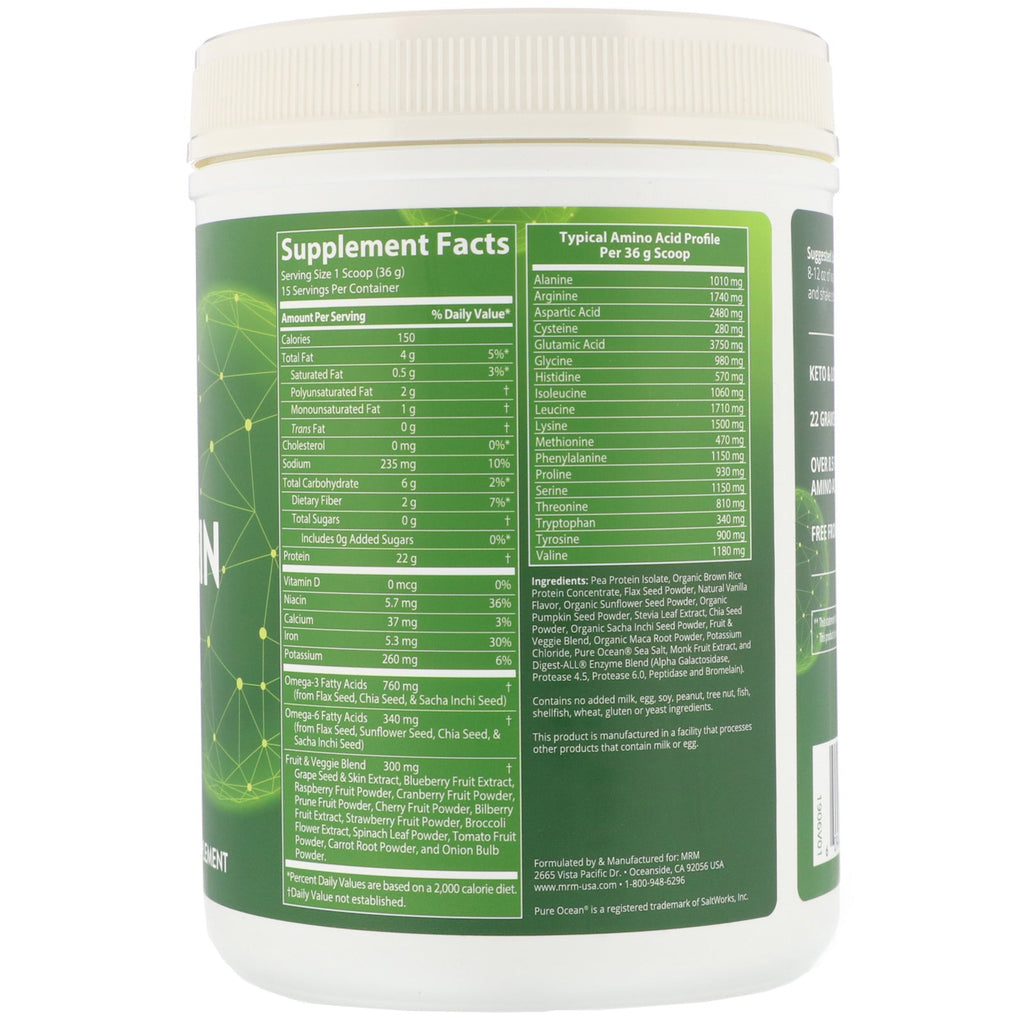 MRM, ernæring, vegetabilsk protein med superfoods, vanilje, 20,1 oz (570 g)