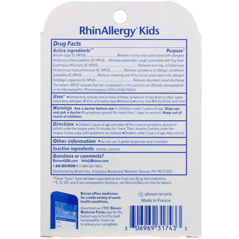 Boiron, Kids, RhinAllergy, Allergy Relief, 3 tuber, 80 hurtigopløselige piller hver