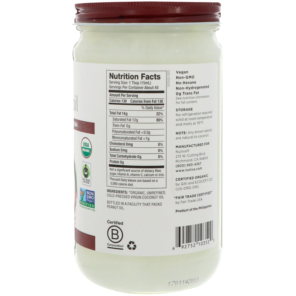 Nutiva, kokosolie, jomfru, 23 fl oz (680 ml)