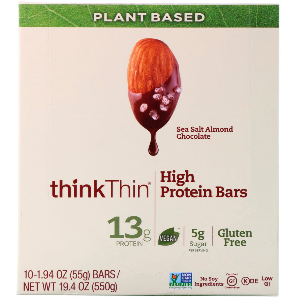 ThinkThin, højproteinbarer, havsalt mandelchokolade, 10 barer, 1,94 oz (55 g) hver