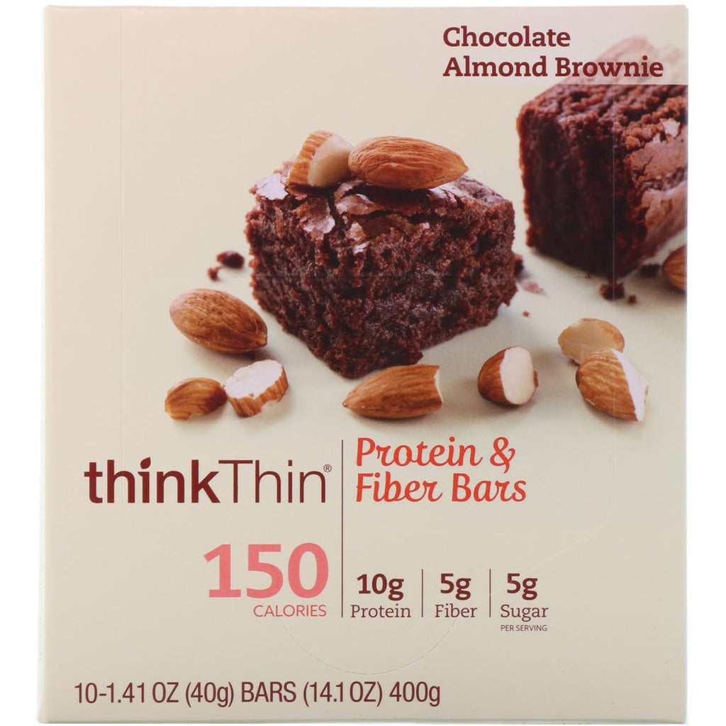 ThinkThin, Protein- og Fiberbarer, Chokolade Mandel Brownie, 10 Barer, 1,41 oz (40 g) hver