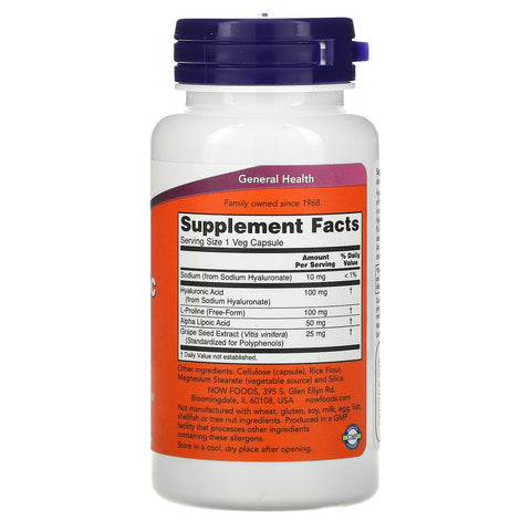 Now Foods, Ácido hialurónico, doble potencia, 100 mg, 60 cápsulas vegetales