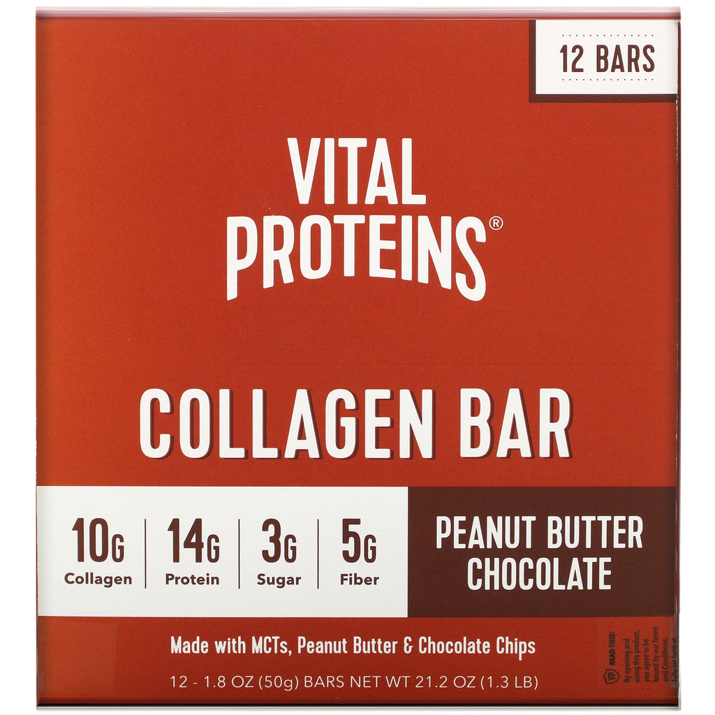 Vitale proteiner, kollagenbar, jordnøddesmørchokolade, 12 barer, 1,8 oz (50 g) hver