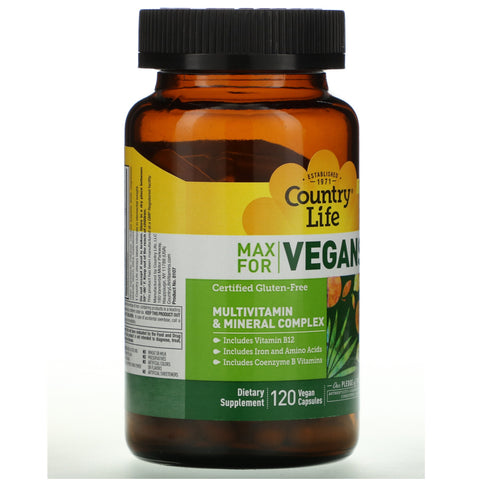 Country Life, Max para veganos, complejo multivitamínico y mineral, 120 cápsulas veganas