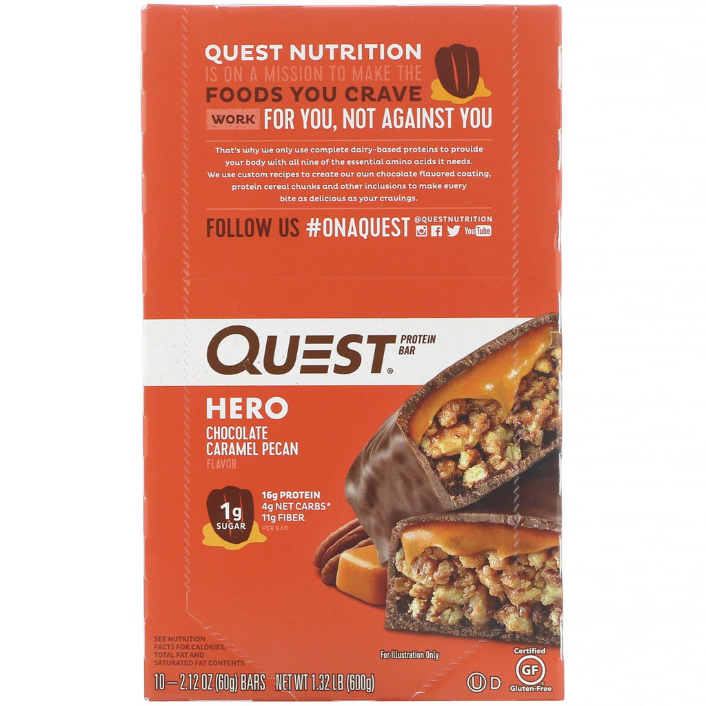 Quest Nutrition, barra de proteína Hero, nuez y caramelo de chocolate, 10 barras, 60 g (2,12 oz) cada una