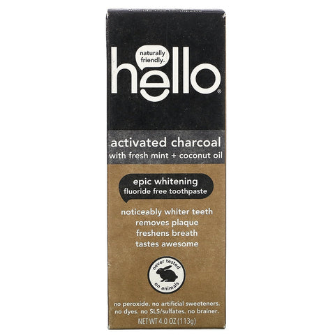 Hello, Fluoride Free Whitening Toothpaste, Activated Charcoal, With Fresh Mint & Coconut Oil, 4 oz (113 g)