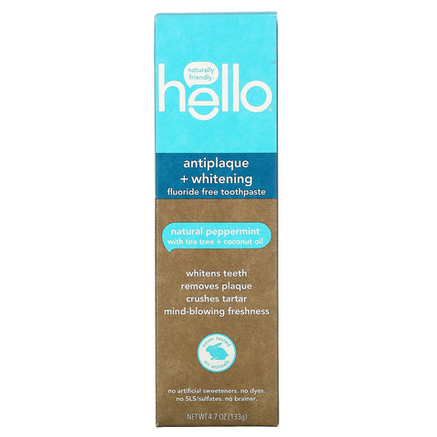 Hello, Antiplaque + Whitening Fluoride Free Toothpaste, Natural Peppermint, 4.7 oz (133 g)