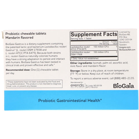 BioGaia, Gastrus, para el tracto gastrointestinal, sabor a mandarina, 30 tabletas masticables