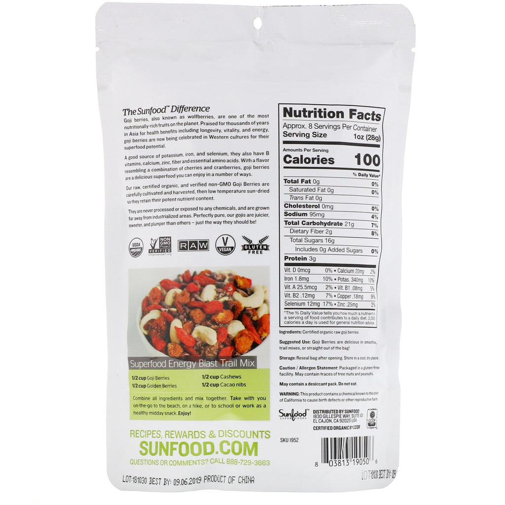 Sunfood, Raw  Goji Berries, 8 oz (227 g)