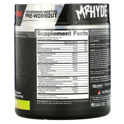 ProSupps, Mr. Hyde Test Surge, preentrenamiento para aumentar la testosterona, sandía agria, 336 g (11,8 oz)