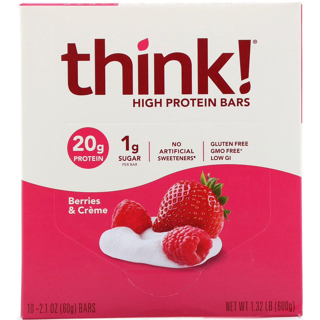 ThinkThin, højproteinbarer, bær og creme, 10 barer, 2,1 oz (60 g) hver