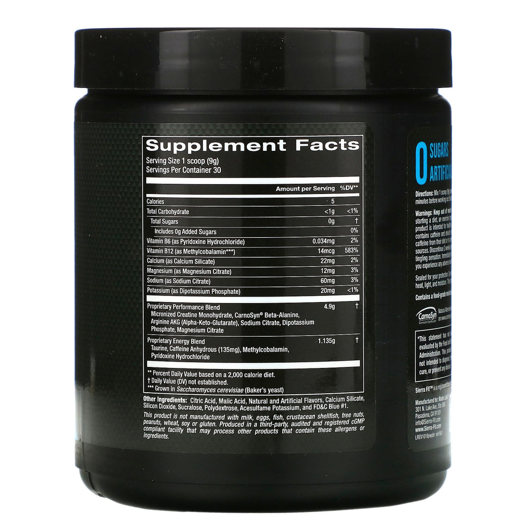 Sierra Fit, polvo preentrenamiento, frambuesa azul, 9,5 oz (270 g)