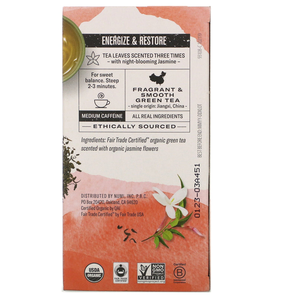 Numi Tea,  Green Tea, Jasmine Green, 18 Tea Bags, 1.27 oz (36 g)