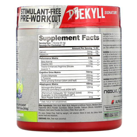 ProSupps, Dr. Jekyll Signature, preentrenamiento sin estimulantes, limonada de arándanos, 8,5 oz (243 g)